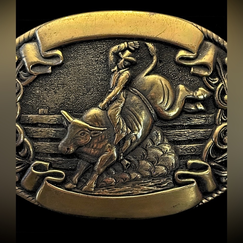 Vintage Chambers Western Belt Buckle Rodeo Cowboy Bull Rider Solid Metal - Picture 4 of 15